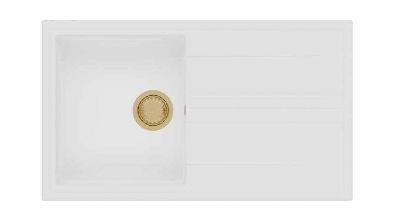 GraniteMy Vesi Granit-Aufbau weißes Spülbecken 86x50cm mit Abtropffläche umkehrbar mit goldenem Stopfen 1208967293