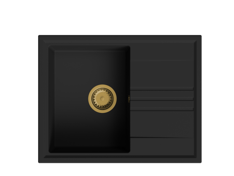 GraniteMy Vesi Granit Aufbau schwarzes Spülbecken 64x50cm mit Abtropffläche umkehrbar mit goldenem Stopfen 1208967296
