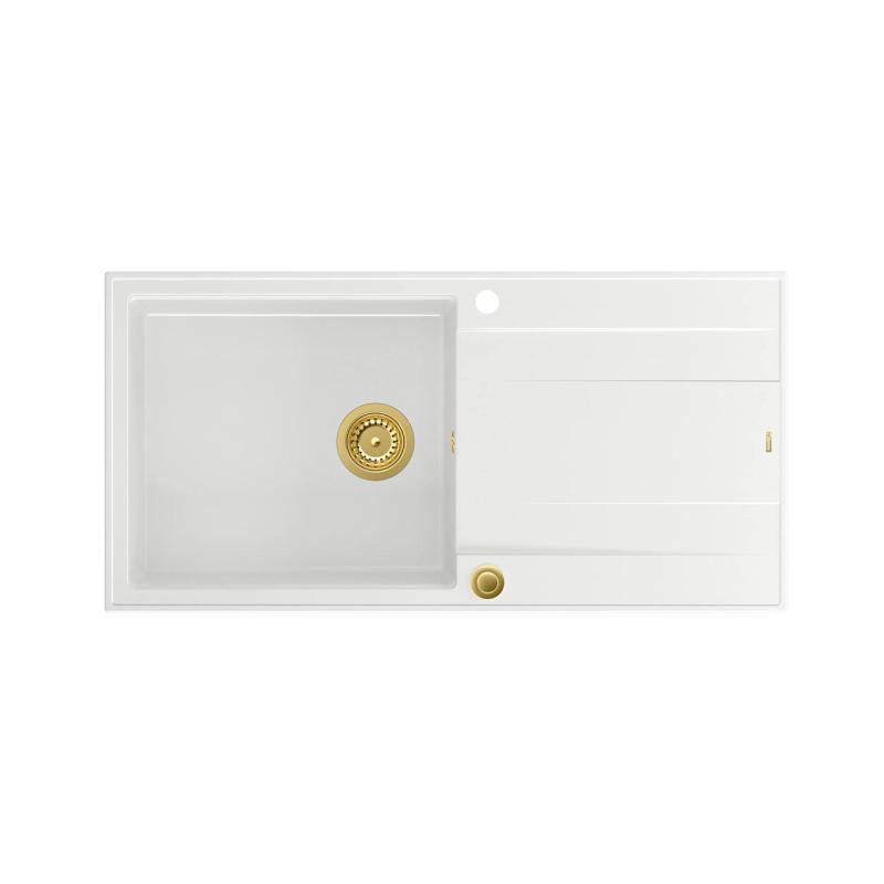 Quadri Luton weiße Granit-Einbauspüle mit Abtropffläche, reversibel 100x50cm, mit goldenem Stopfen 1208967319
