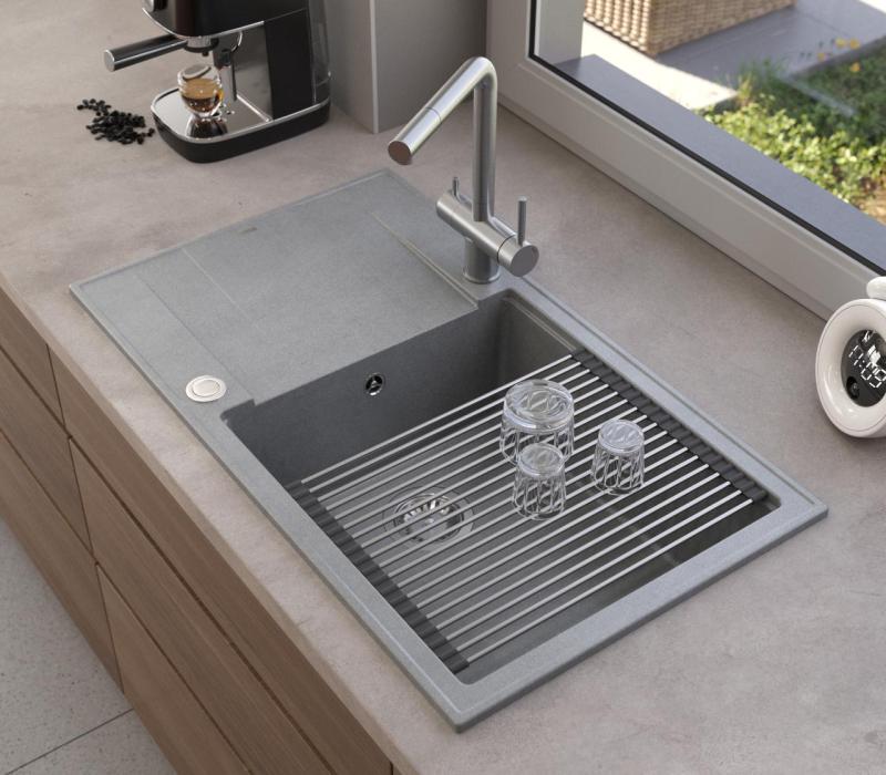 Quadri Luton grauer Granit-Großaufbauspülbecken mit Abtropffläche, umkehrbar 86x50cm mit Edelstahlstopfen 1208967330