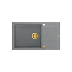 Quadri Luton grauer Granit großer Einbauspülbecken mit Abtropffläche, umkehrbar 86x50cm mit goldener Ablaufgarnitur 1208967332