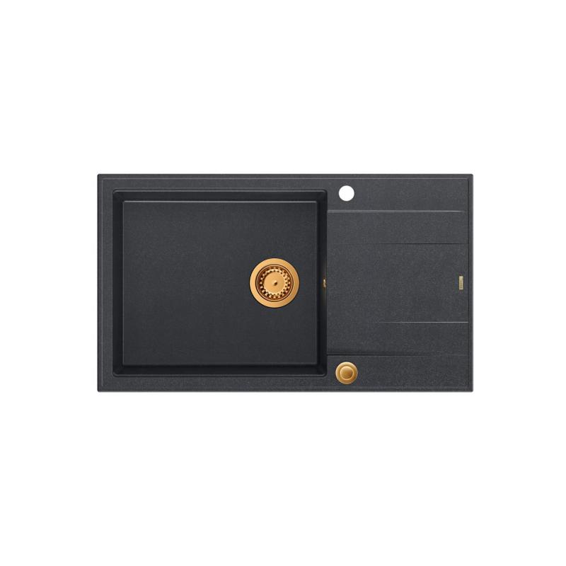 Quadri Luton antrazit Granit große Aufbauspüle mit Abtropffläche, umkehrbar 86x50cm mit Kupferstopfen 1208967335