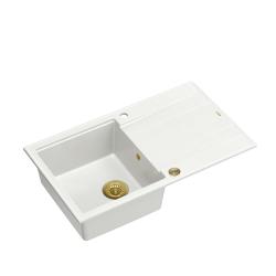 Quadri Luton weiße Granit-Einbauspüle mit Abtropffläche, umkehrbar 86x50cm mit goldener Ablaufgarnitur 1208967338