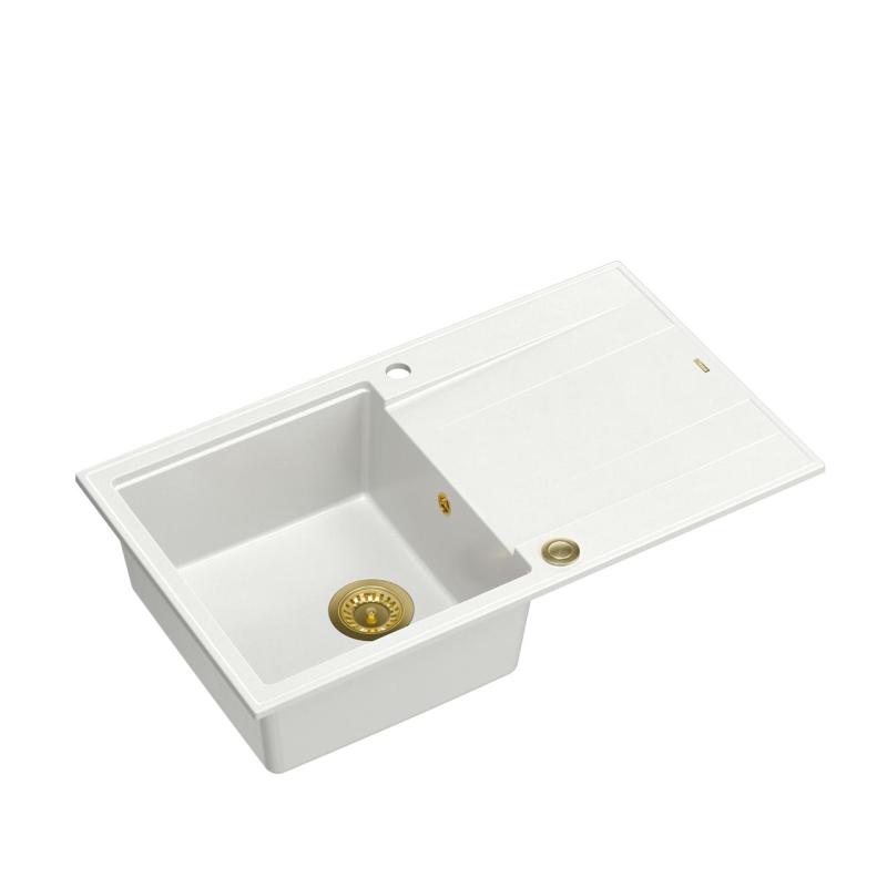 Quadri Luton weiße Granit-Einbauspüle mit Abtropffläche, umkehrbar 86x50cm mit goldener Ablaufgarnitur 1208967338