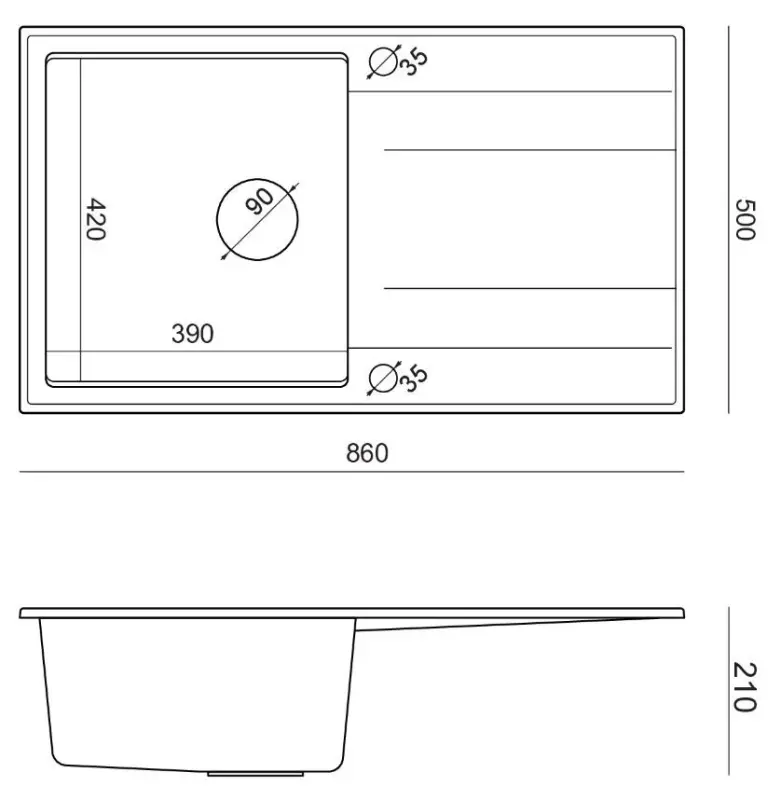 Quadri Luton weiße Granit-Aufbauspüle mit Abtropffläche, umkehrbar, 86x50 cm, mit Kupferstopfen 1208967339
