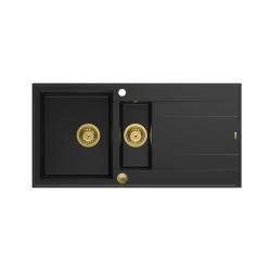 Quadri Luton schwarze Granit-Einbauspüle 1,5 Becken mit Abtropffläche, reversibel, 100x50cm mit goldenen Stöpsel 1208967346