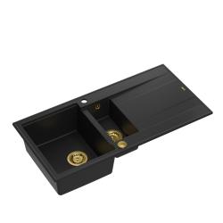 Quadri Luton schwarze Granit-Einbauspüle 1,5 Becken mit Abtropffläche, reversibel, 100x50cm mit goldenen Stöpsel 1208967346