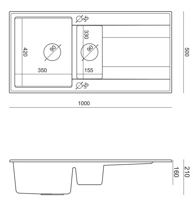 Quadri Luton schwarze Granit-Aufbauspüle 1,5 Becken mit Abtropffläche, umkehrbar, 100x50cm mit Kupferstopfen 1208967347