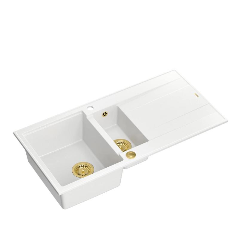 Quadri Luton weiße Granit Einbauspüle 1,5 Becken mit Abtropffläche, reversibel, 100x50cm, mit goldenem Stöpsel 1208967348