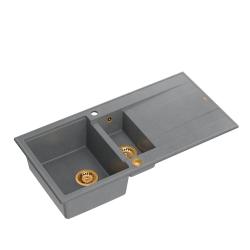 Quadri Luton grauer Granit Aufsatzspüle 1,5 Becken mit Abtropffläche, umkehrbar 100x50cm mit Kupferstopfen 1208967352