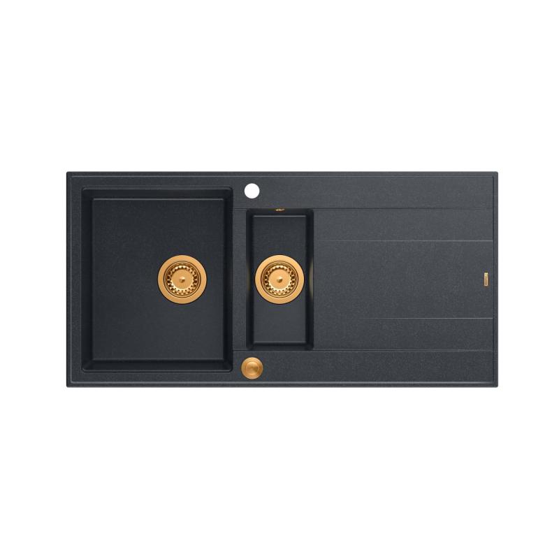 Quadri Luton anthrazit Granit Einbauspüle 1,5 Becken mit Abtropffläche, reversibel 100x50cm mit Kupferstopfen 1208967355