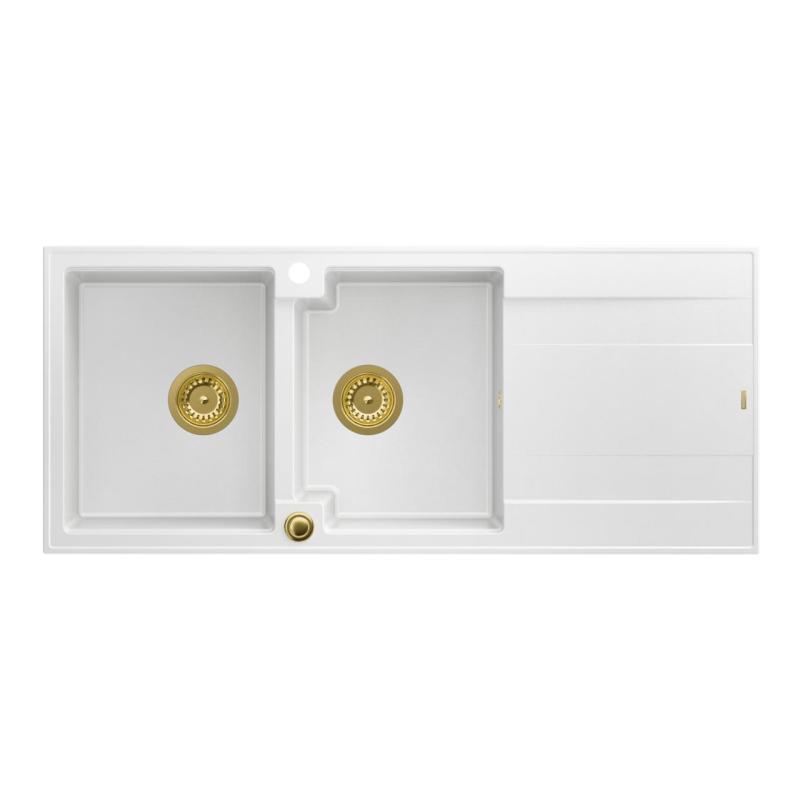 Quadri Luton Einbauspüle, doppeltes Granitbecken, weiß, mit Abtropffläche, 116x50 cm, mit goldenem Stopfen 1208967358.