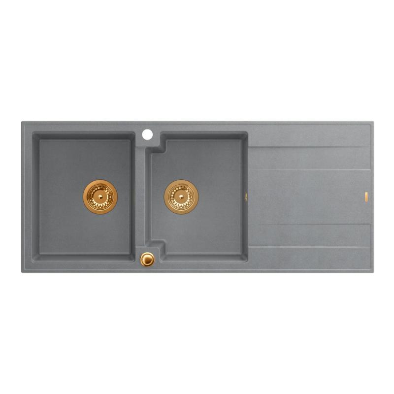 Quadri Luton Einbauspüle Doppelküchenspüle aus Granit grau mit Abtropffläche 116x50 cm mit Kupferstopfen 1208967362