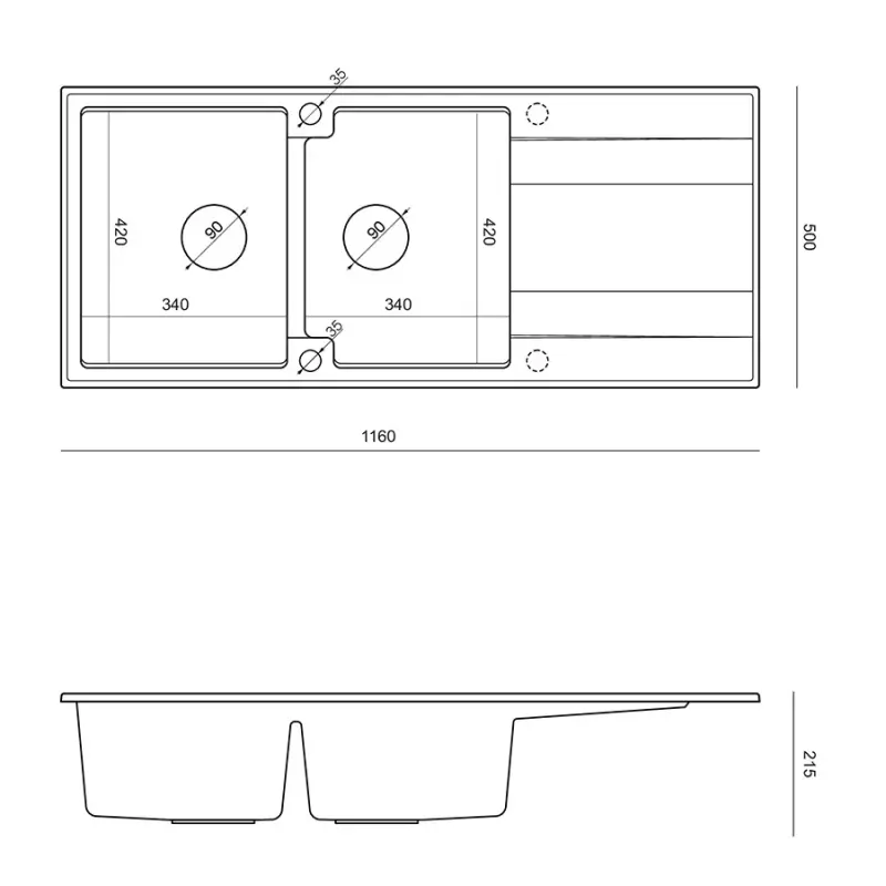 Quadri Luton Einbau-Doppelspüle aus Granit in Anthrazit mit Abtropffläche 116x50 cm mit Edelstahl-Stöpsel 1208967363