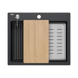 Quadri Durham Anthrazit Granit Aufbauspüle 595x500 mit Seifenspender, Schneidebrett, Einsatzbecken und Rollmatte 1208967379