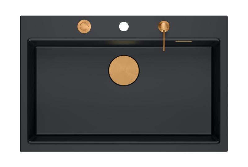 Quadri Hard Rock mattschwarzes Granit-Aufbaubecken 76x50cm inklusive Kupferstopfen und Zubehör 1208967423