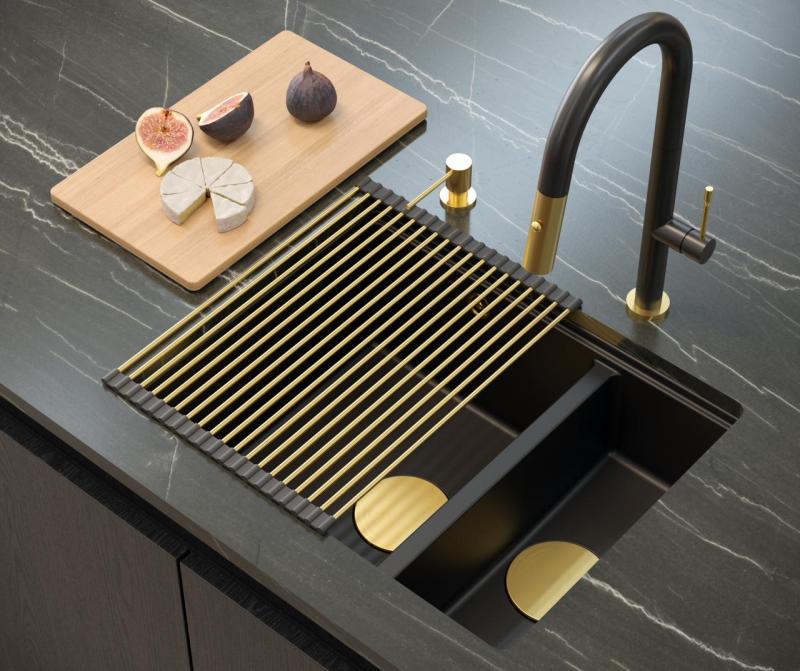 Quadri Newport II schwarz 1,5 Spülbecken Granit Einbau und Unterbau Spülbecken 555x460mm mit goldenem Stöpsel 1208967464