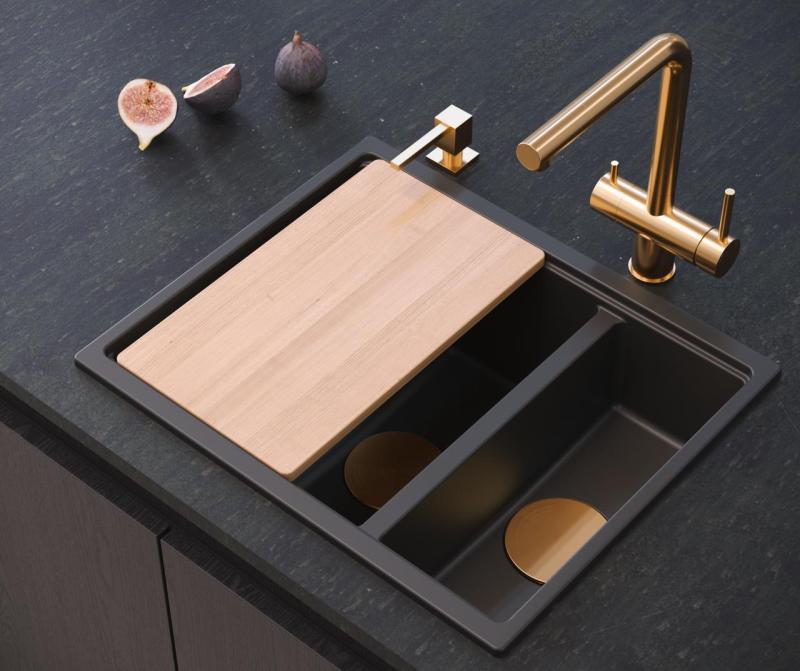 Quadri Newport II Schwarz 1,5 Spülbecken Granit Aufsatz- und Unterbauwaschbecken 555x460mm mit Kupferstopfen 1208967465