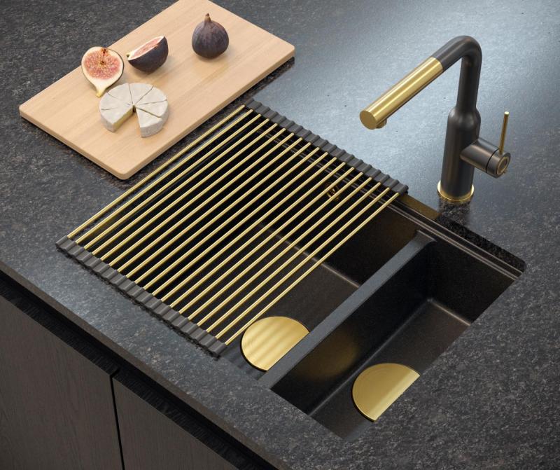 Quadri Newport II anthrazit 1,5 Spülbecken Granit Aufsatz- und Unterbau-Spülbecken 555x460mm mit goldenem Stopfen 1208967473