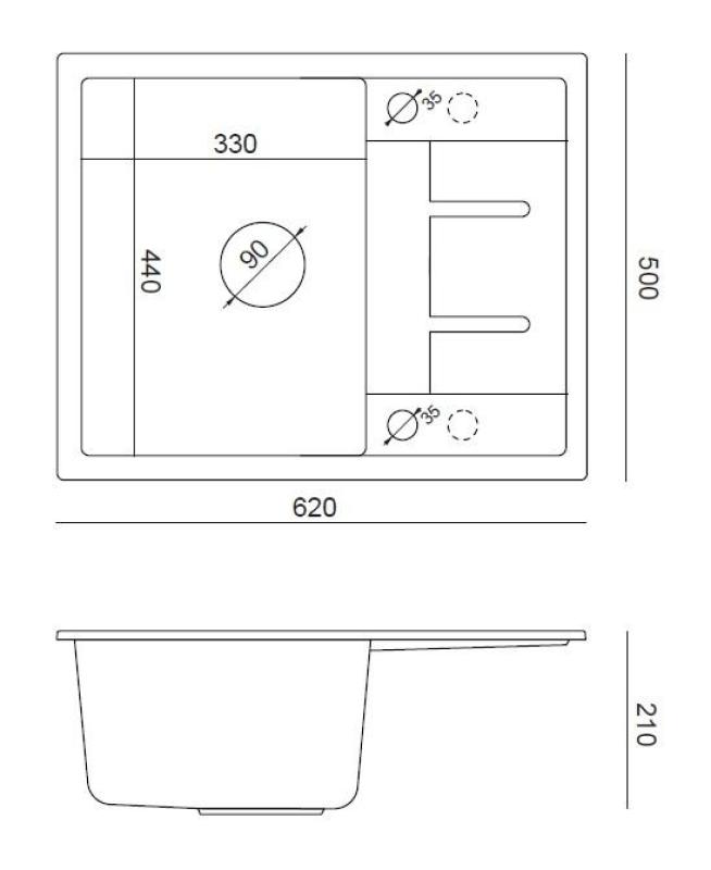 Quadri Dalton weiße Granit-Aufbauspüle mit Abtropffläche 62x50cm mit Kupferstopfen 1208967575