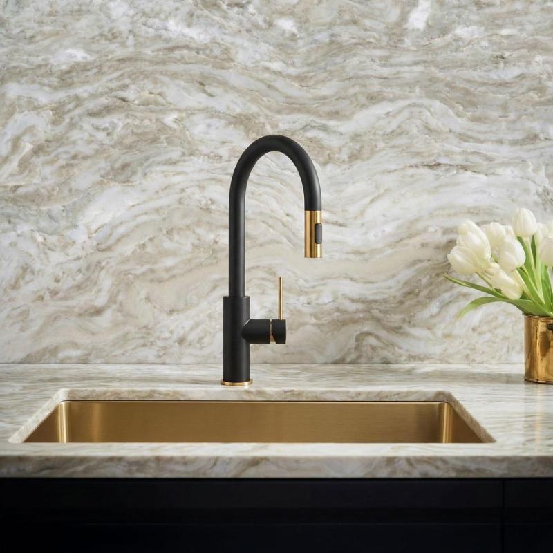 Quadri Retford Kitchen Faucet Black with Gold Finish and Pull-Out Spout with Spray Mode 1208967677