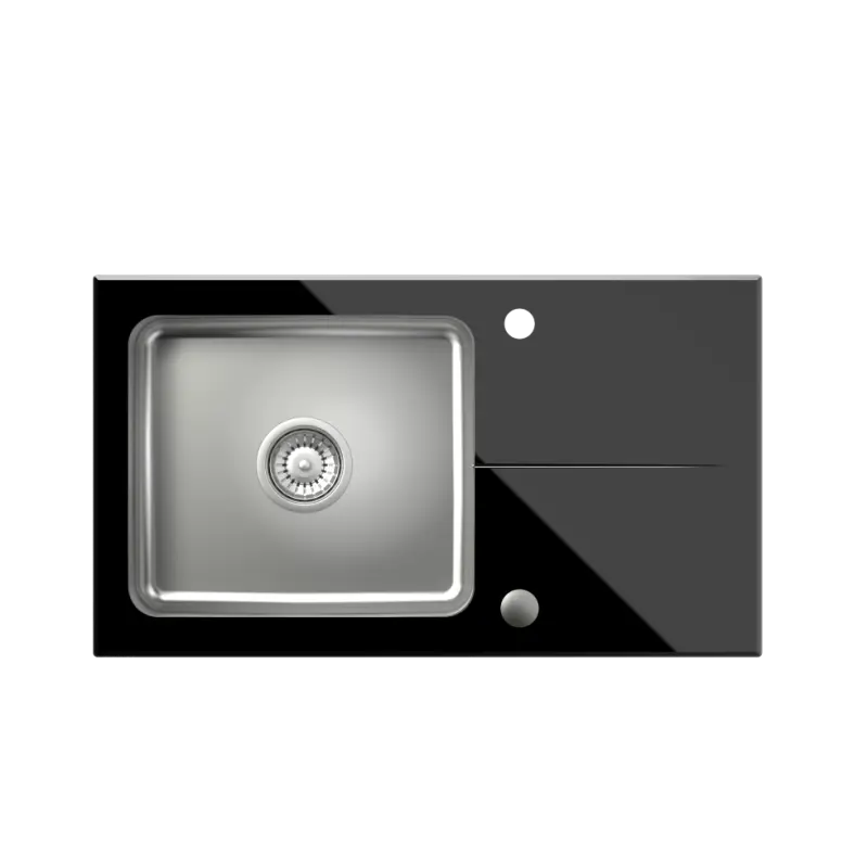 Quadri Glazz Set mit Küchenarmatur und Aufbauspüle aus Edelstahl mit Abtropffläche aus schwarzem Glas - 77x44cm Reversibel - 1208967734