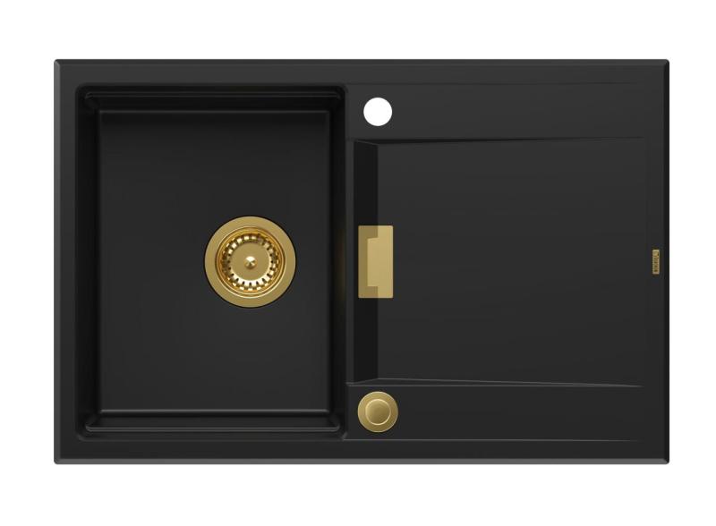 Quadri Minton Granit Aufsatz Schwarzes Spülbecken 76x50cm mit Abtropffläche Reversibel und Goldener Stöpsel 1208967739