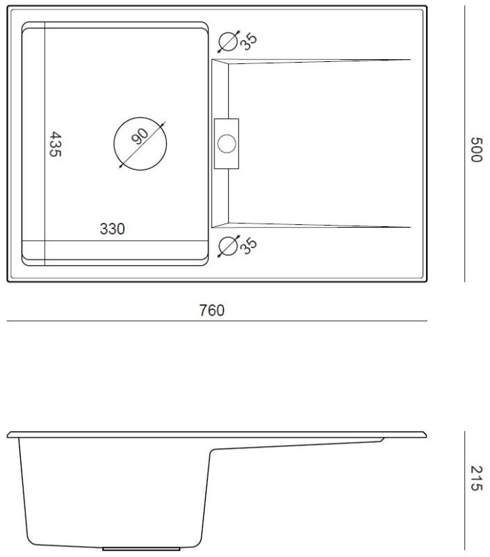 Quadri Minton Granit Aufsatz Spülbecken Weiß 76x50cm mit Abtropffläche Reversibel und Kupferstopfen - 1208967749