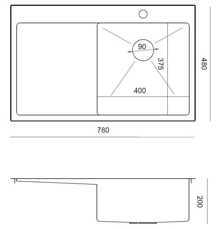 Aquadesign Clara Spülbecken Edelstahl mit rechter Schüssel 78x48cm Aufsatz- oder Flacheinbau mit Abtropfgestell, Armaturenbank und Edelstahlstopfen - 1208967754