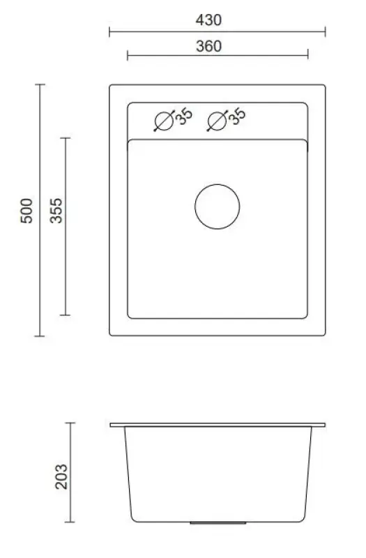Quadri London Granit Grau Spülbecken 43x50cm mit Hahnlochbank und Edelstahl Stopfen - 1208967765