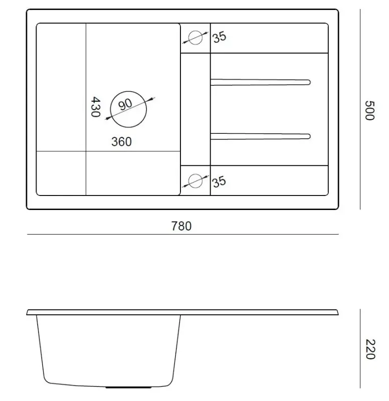 Quadri Sheffield Schwarzes Granit-Aufbauspülbecken 78x50cm mit Abtropffläche und Kupferstopfen - 1208967804