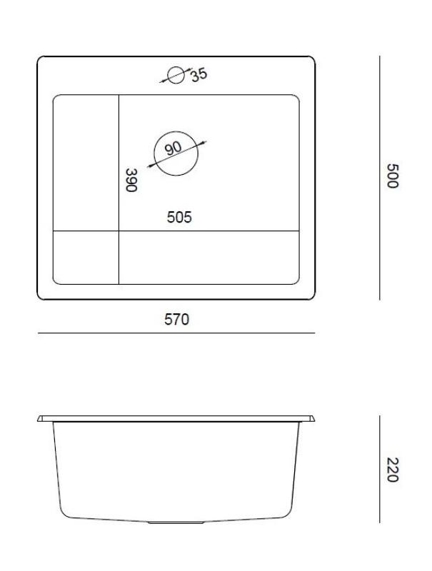 Quadri Sheffield Anthrazit Granit Einbauspüle oder Flachmontage 57x50 cm mit Wasserhahnbohrung und Goldener Stopfen - 1208967813