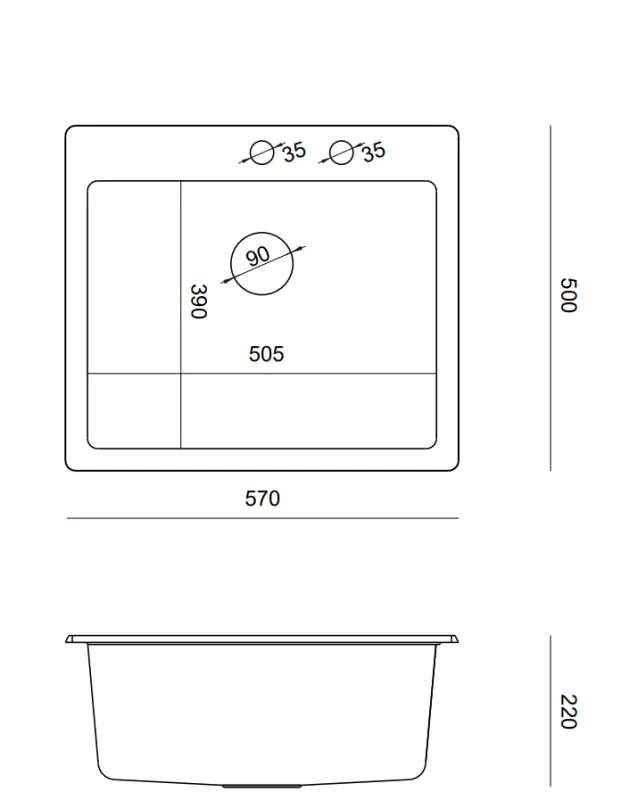 Quadri Sheffield Weißes Granit-Einbau- oder Flächenbündiges Spülbecken 57x50 cm mit Armaturenbank und Goldener Stöpsel - 1208967817