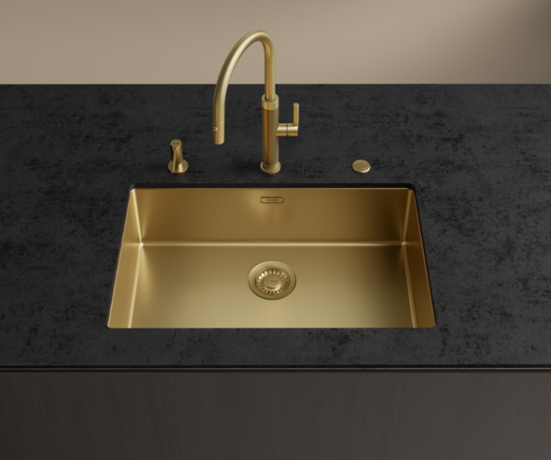 Franke Mythos Masterpiece Küchenarmatur Gold mit J-Auslauf und Ausziehbarer Brause - 115.0711.558