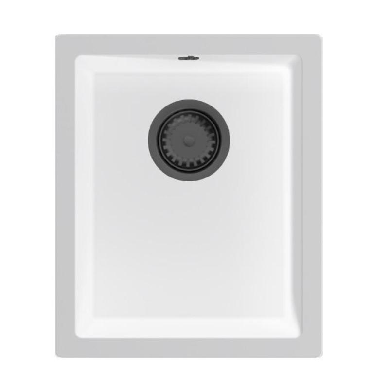 GraniteMy Universal Weiße Granitspüle 34 x 40 cm, weiß, Aufsatz, Unterbau und flächenbündig eingebaut, mit Gunmetal-Stopfen 1208967904