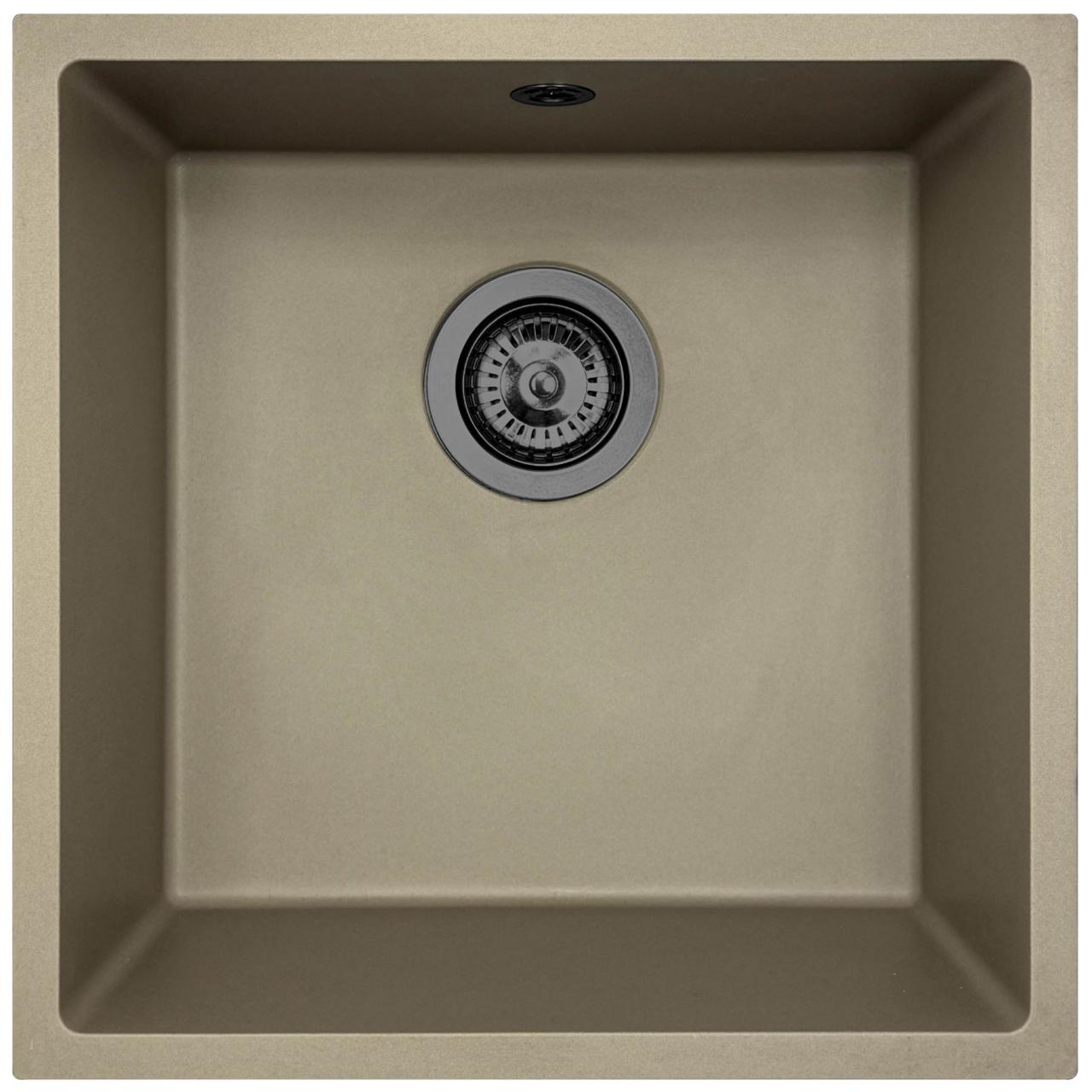 GraniteMy Universal Taupe Granitspüle 40x40 cm Aufsatz, Unterbau und Flachbau mit Gun-Metal-Stöpsel - 1208967913