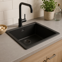 GraniteMy Universelle Granit Schwarze Spüle 50x40 cm Aufsatz, Unterbau und flächenbündig mit Gun Metal Stopfen - 1208967921