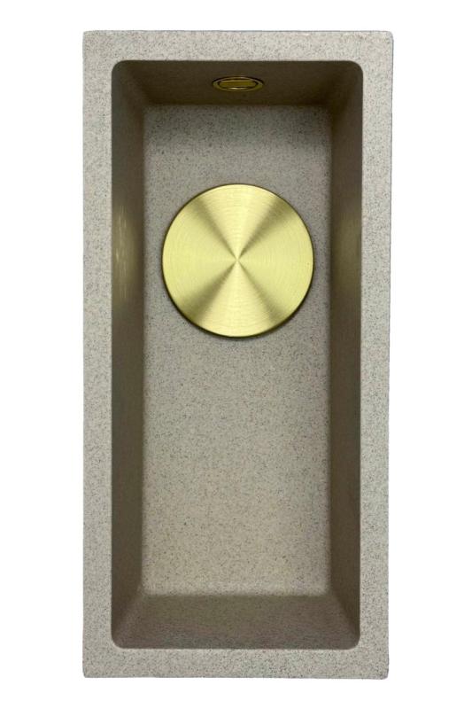 GraniteMy Universal Granit beige Sand kleine Spüle 17x40 cm Aufsatz, Unterbau und flächenbündig mit goldenem Stöpsel 1208968003