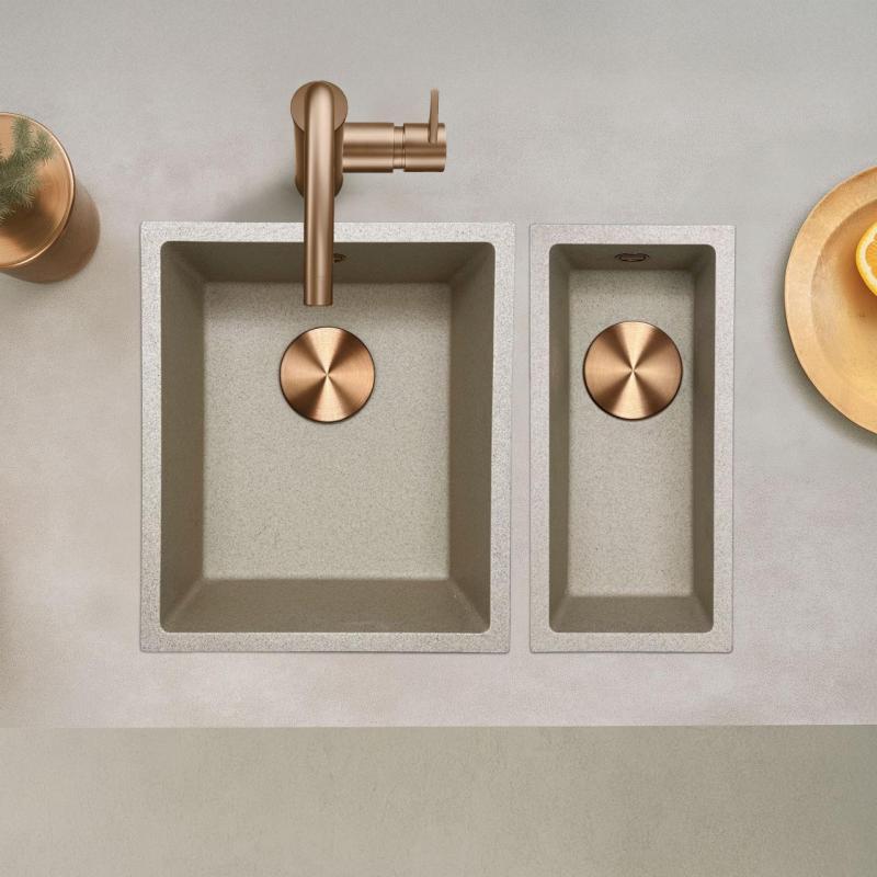 GraniteMy Universelles Granit Beige Sand Spülbecken 34x40 cm Aufsatz, Unterbau und Flachbau mit Kupferstopfen 1208968009