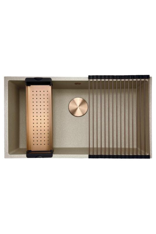 GraniteMy Universal Granit beige Sand Spülbecken 74x40 cm Aufsatz, Unterbau und flächenbündiger Einbau mit Kupferstopfen 1208968019