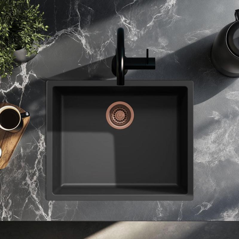 Schwarzes Spülbecken 50x40cm Unterbau, Aufsatz und Flachbau mit Kupferstopfen 1208968036