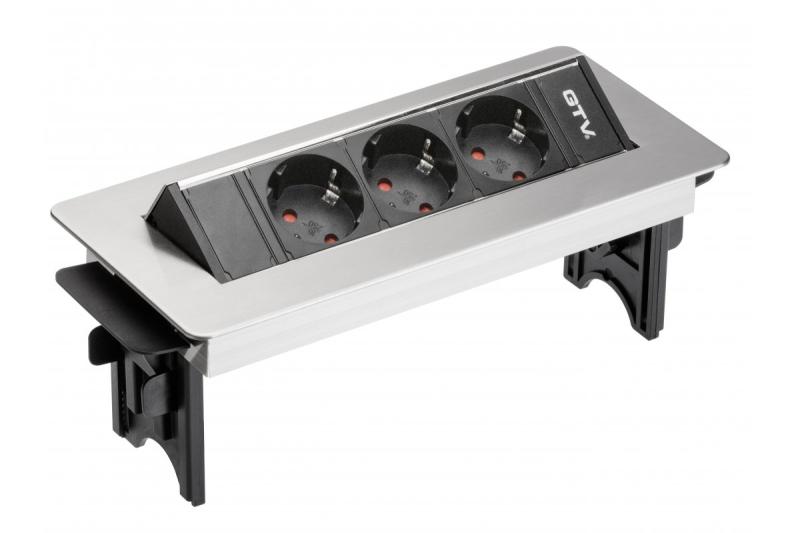 Desktop-Verlängerungskabel ohne Kassette 3x Schuko-Steckdose, 1.5m Stromkabel mit Inox-Stecker (Schraubmontage)