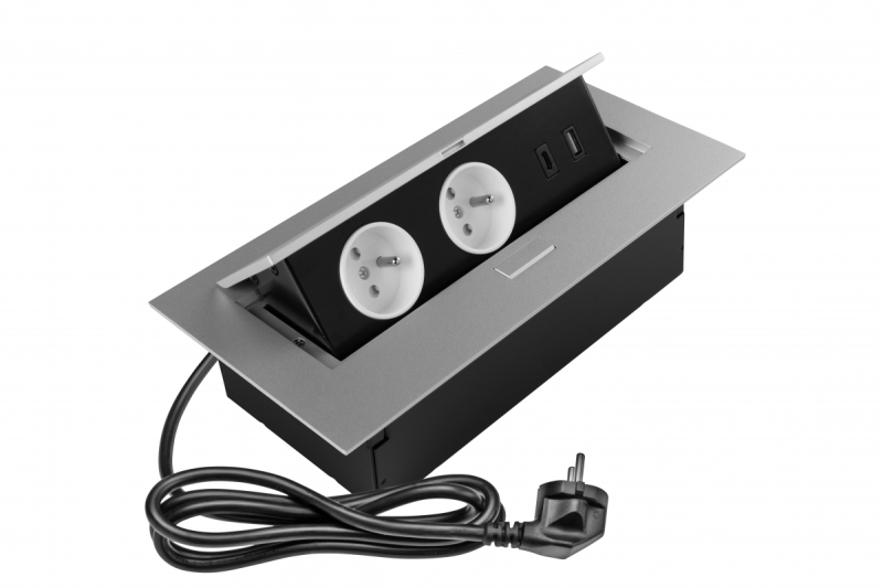 Möbelsteckdose 2x Steckdose mit Erdung, USB A+C, Stromkabel mit Stecker, Alu