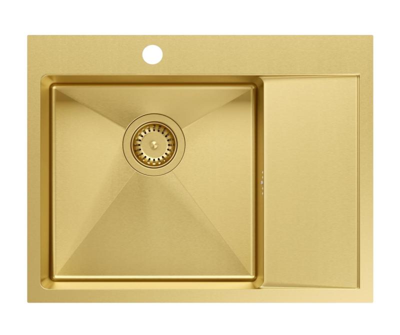 Aquadesign Clara Spülbecken Gold 62 x 48 cm Aufsatz oder Einbau mit Abtropfgestell, Lochbank und goldenem Stopfen – 1208969502