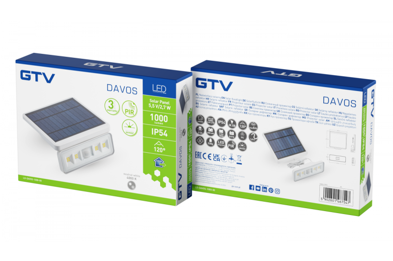 Solarleuchte mit Bewegungs- und Dämmerungssensor DAVOS, LED, 1000lm, 4000K, 2000mAh, IP54, weiß