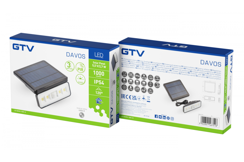 Sonnlichtleuchte mit Bewegungs- und Dämmerungssensor DAVOS, LED, 1000lm, 4000K, 2000mAh, IP54, schwarz