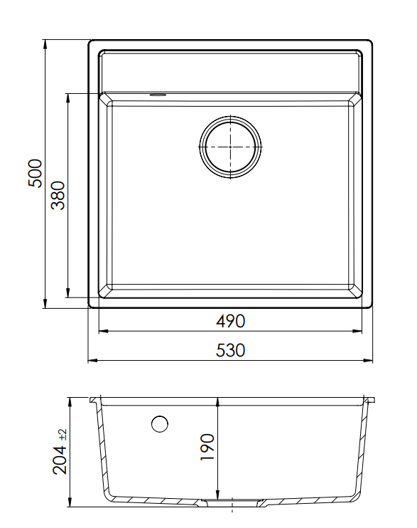 GraniteMy Bremen Granit Spüle 53x50 cm Schwarz - Aufbau, Unterbau und Flächenbündiger Einbau mit Hahnlochbank und Kupferstopfen 1208969970 - Productafbeelding 2