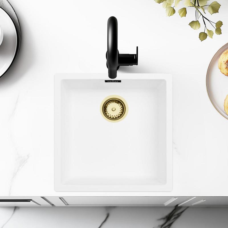 Weiße Spüle 40x40 cm Unterbau, Aufsatz und Flachbau mit goldenem Stöpsel 1208970537
