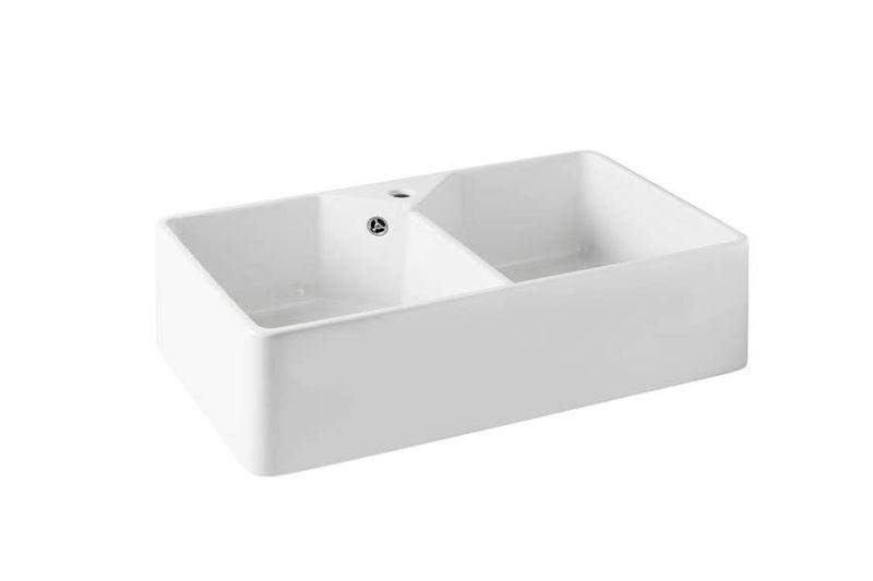Ausmann Ceramic Mira Keramische Weiße Doppelspüle - Unterbau und Zwischenbau 793 x 450 mm mit Armaturenlochbank und Edelstahlstopfen 1208970550