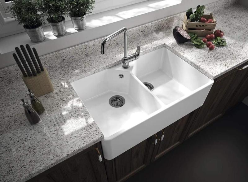 Ausmann Ceramic Mira Keramische Weiße Doppelspüle - Unterbau und Zwischenbau 793 x 450 mm mit Armaturenlochbank und Edelstahlstopfen 1208970550